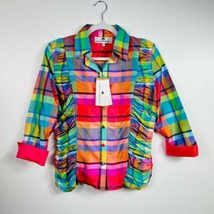 NEW Marisa Baratelli Bright Plaid Thai Silk Blouse Size 6